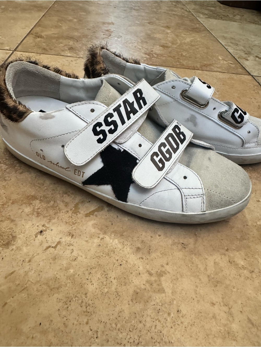 Golden Goose White Sneakers with Black Star and Fur Trim- Velcro straps !